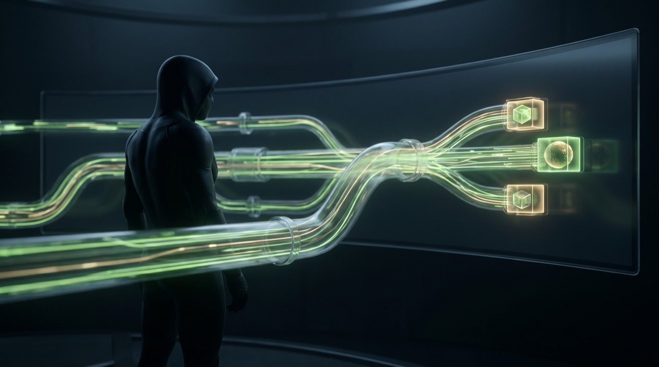Streams of data flowing together and assembling into finished, sellable products inside Mythox